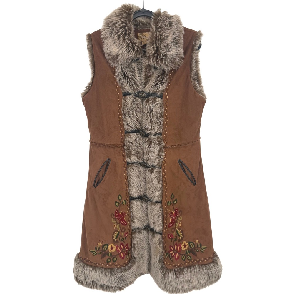 Fifi Collection Brown Faux Suede Long Vest Faux Fur Trim Floral Embroidered XL